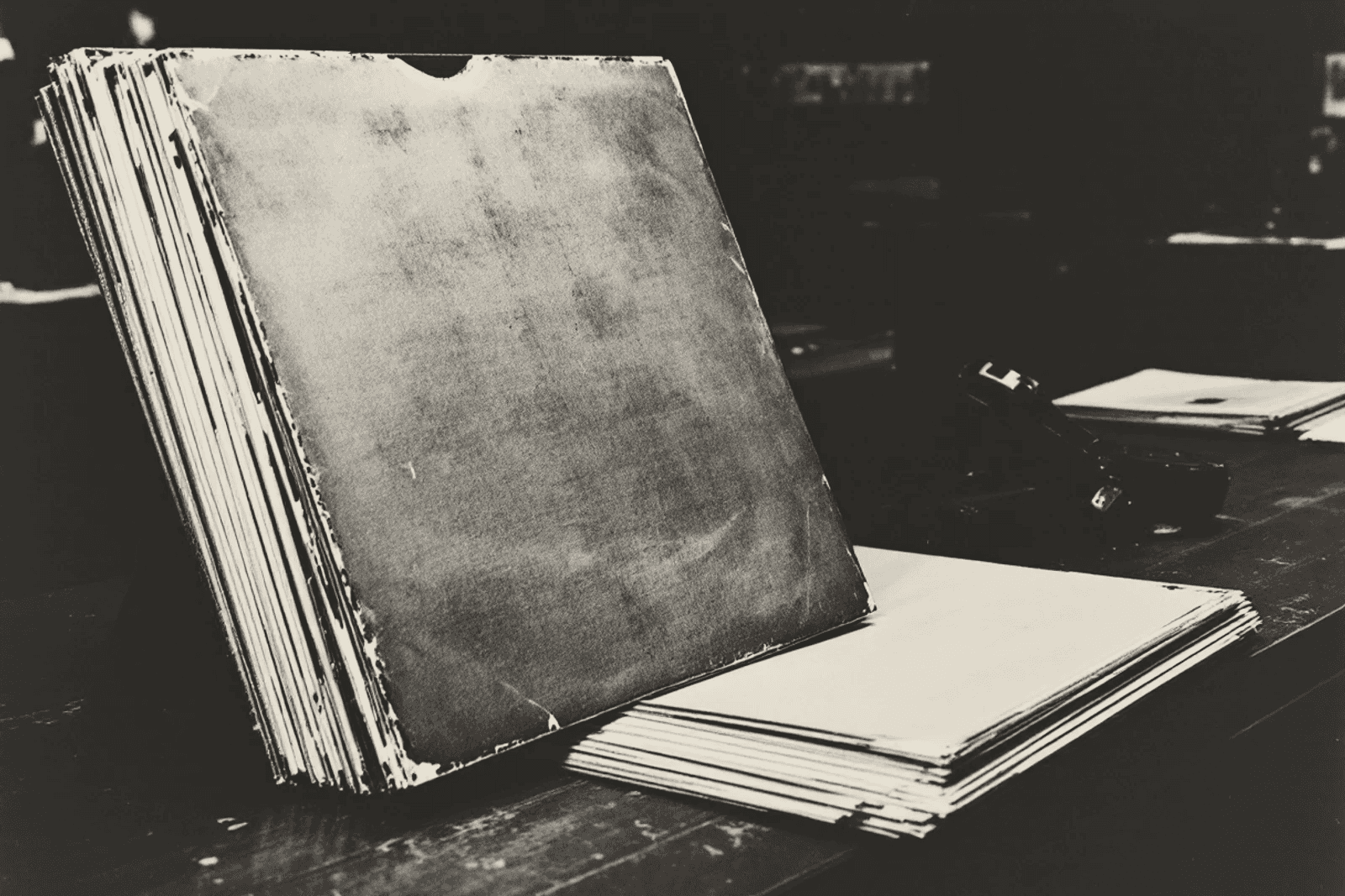 A leaning stack of blank cardboard record jackets on a shop counter, their corners scuffed white, a price gun lying in the shadow beside them.