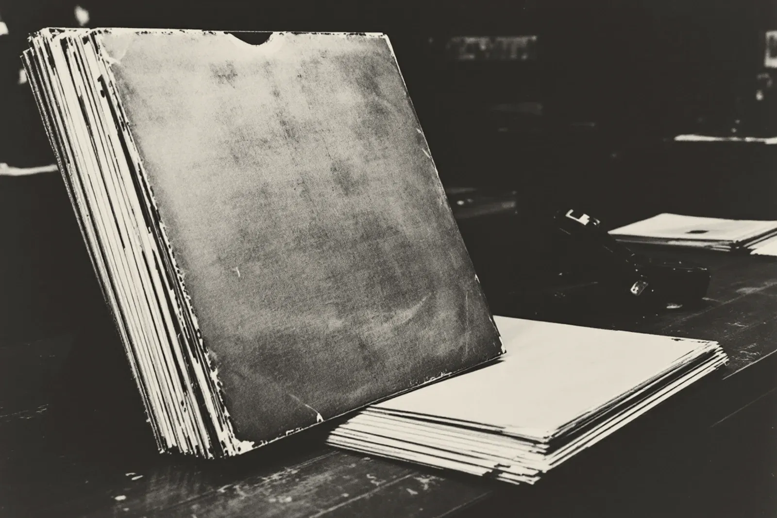 A leaning stack of blank cardboard record jackets on a shop counter, their corners scuffed white, a price gun lying in the shadow beside them.