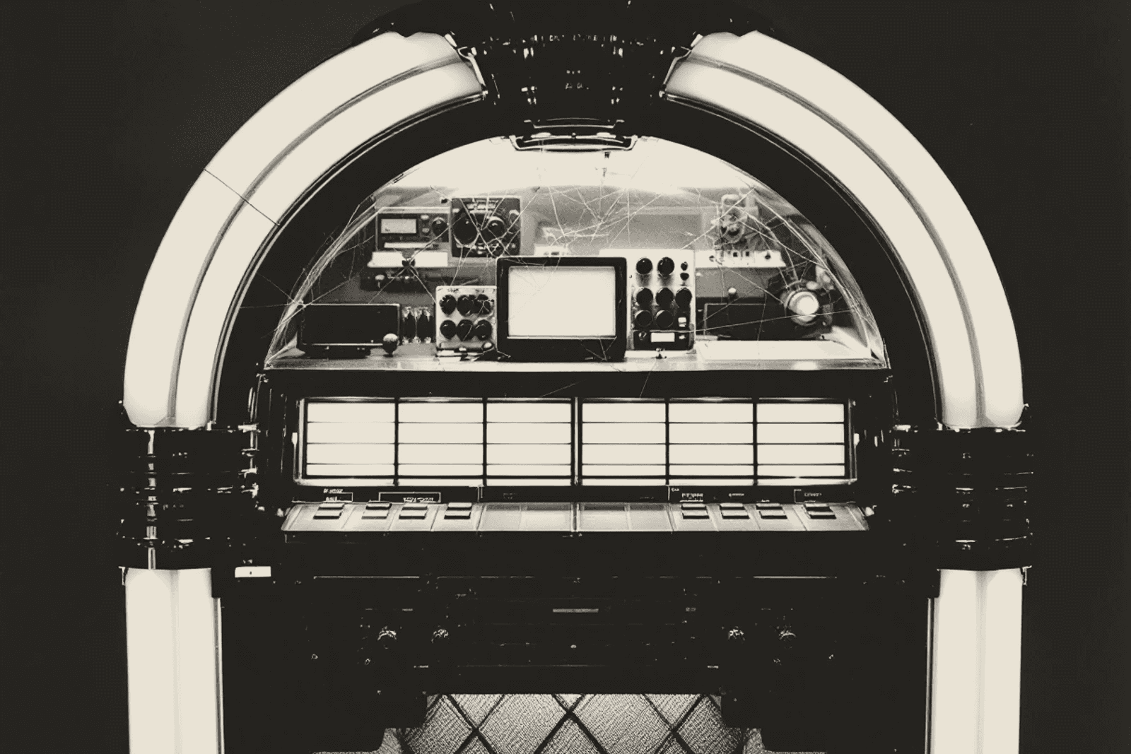 A jukebox seen straight on in the dark, its curved glass cracked across, rows of blank selector buttons below a window full of old radio equipment.