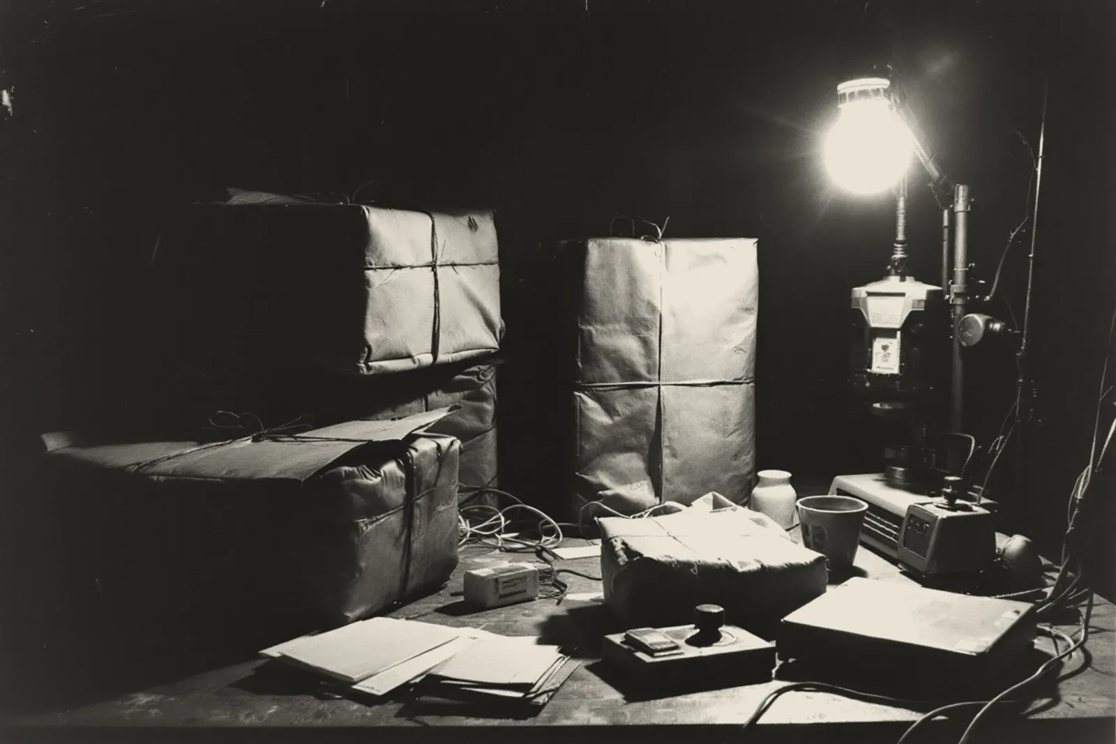 A packing table under one bare bulb: brown-paper parcels tied with twine, a rubber stamp and a postal scale among loose papers and cables.