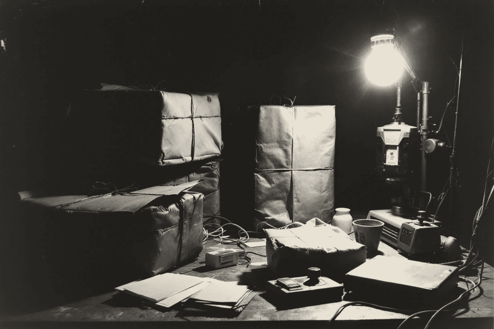 A packing table under one bare bulb: brown-paper parcels tied with twine, a rubber stamp and a postal scale among loose papers and cables.