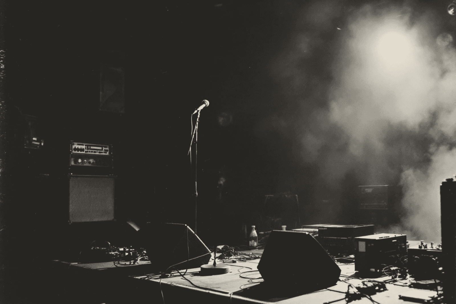 An empty club stage after the show: a combo amplifier, a bare mic stand, a monitor wedge and scattered cables, with smoke hanging in the light.