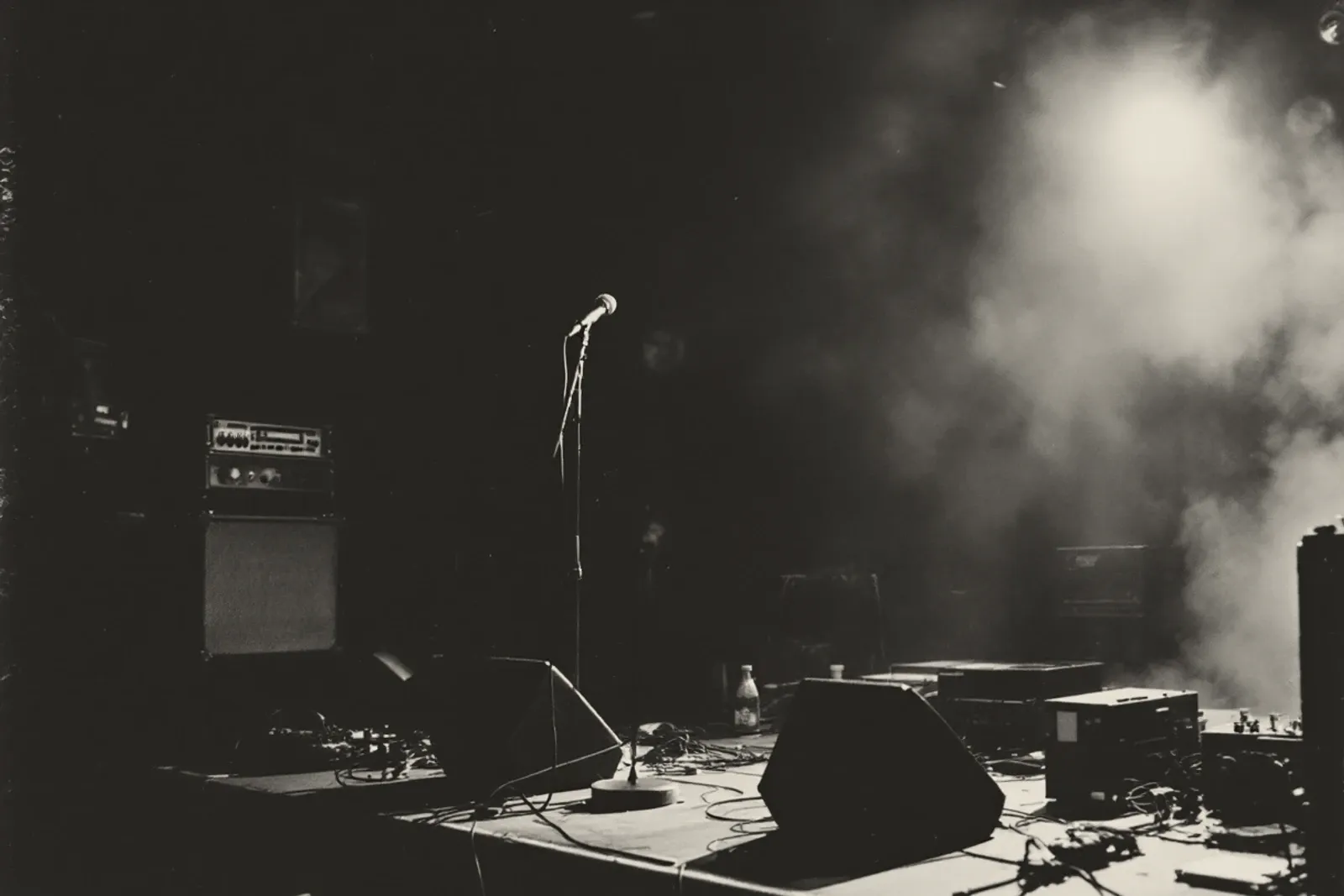 An empty club stage after the show: a combo amplifier, a bare mic stand, a monitor wedge and scattered cables, with smoke hanging in the light.