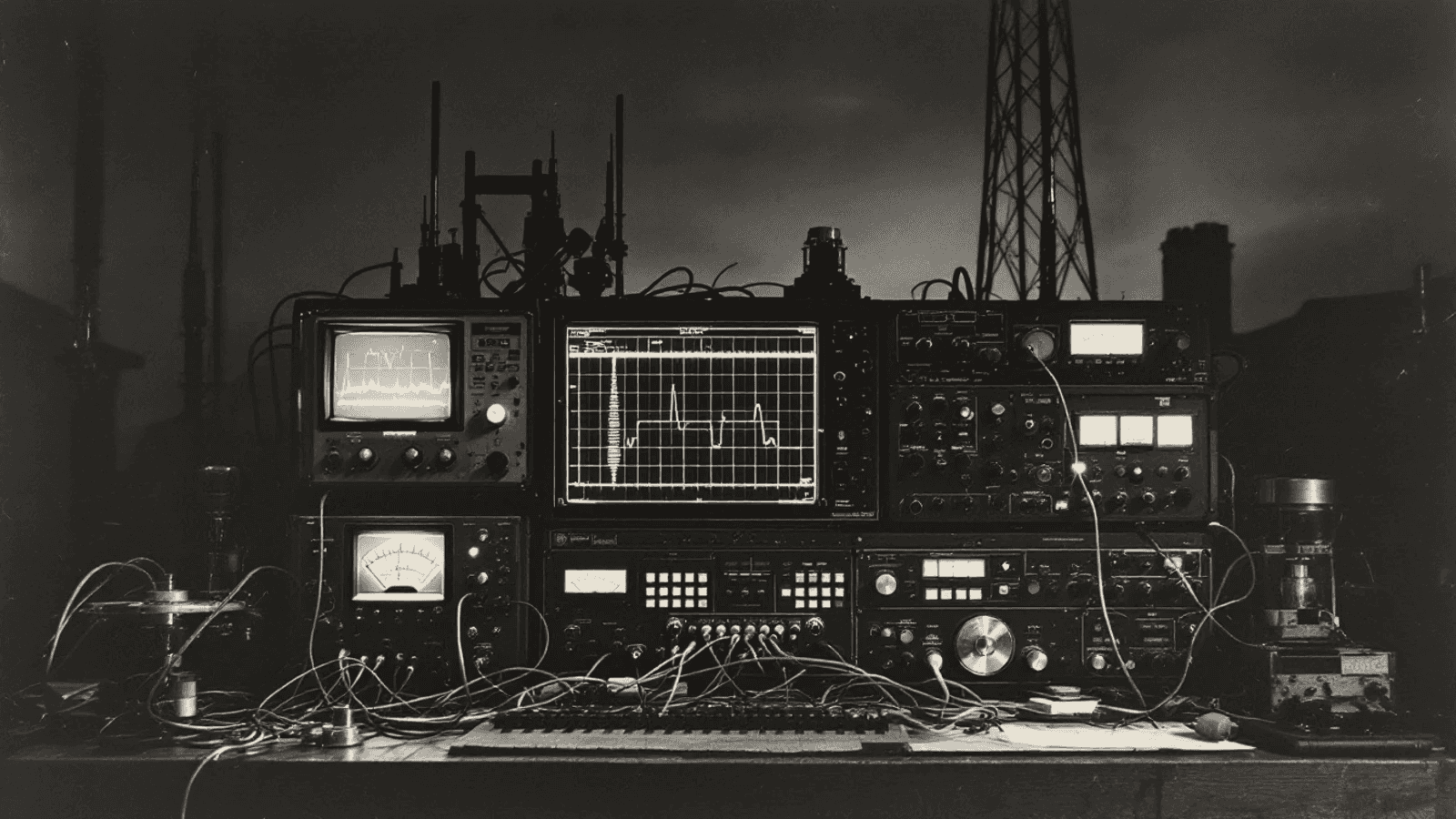 A bench of old broadcast electronics photographed head-on in the dark: a large screen carrying an oscilloscope trace, a smaller one beside it, rows of dials and VU meters, cables spilling over the front edge, and a steel lattice mast standing against an overcast sky behind.