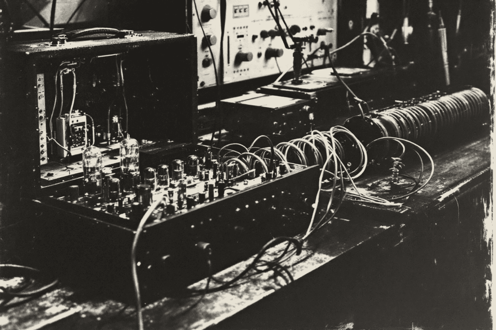 An amplifier chassis opened on a workbench, valves standing in their sockets, a long spring reverb tank lying beside it with its leads across the bench.
