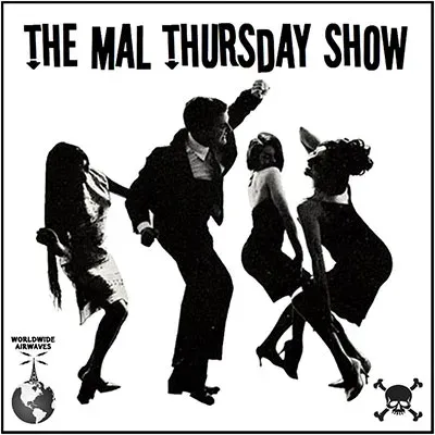 Four dancers cut out in black and white, caught mid-step against a plain ground, under the show’s title. A skull and crossbones marks one corner and a globe the other.
