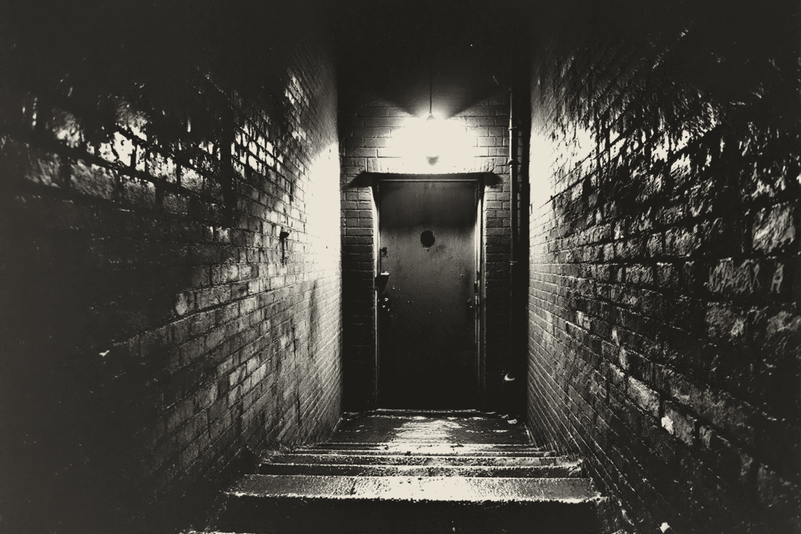 A stairwell going down between bare brick walls to a dented steel door, one bulb burning above it, the steps wet.